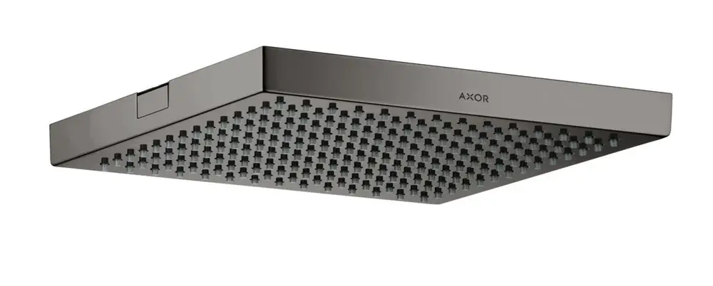 Kopfbrause in glänzendem schwarzem Chrom mit quadratischer Oberfläche und gleichmäßig angeordneten Düsenauslässen, von der Marke AXOR. Montiert an der Decke.